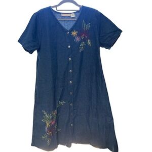 La Cera Denim Dress Floral Embroidery Medium Blue Women